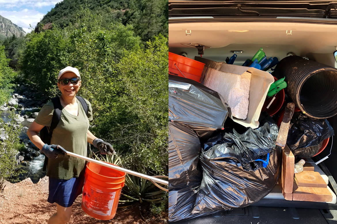 Split image: Crew volunteer picking up trash and a carlod of trash to be hauled away