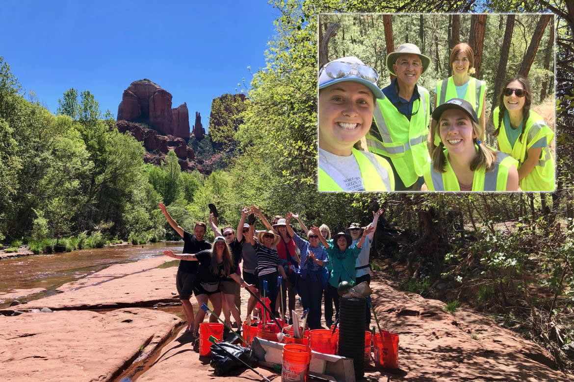 Split image: Volunteer crew group shot and closeup of 5 members inset